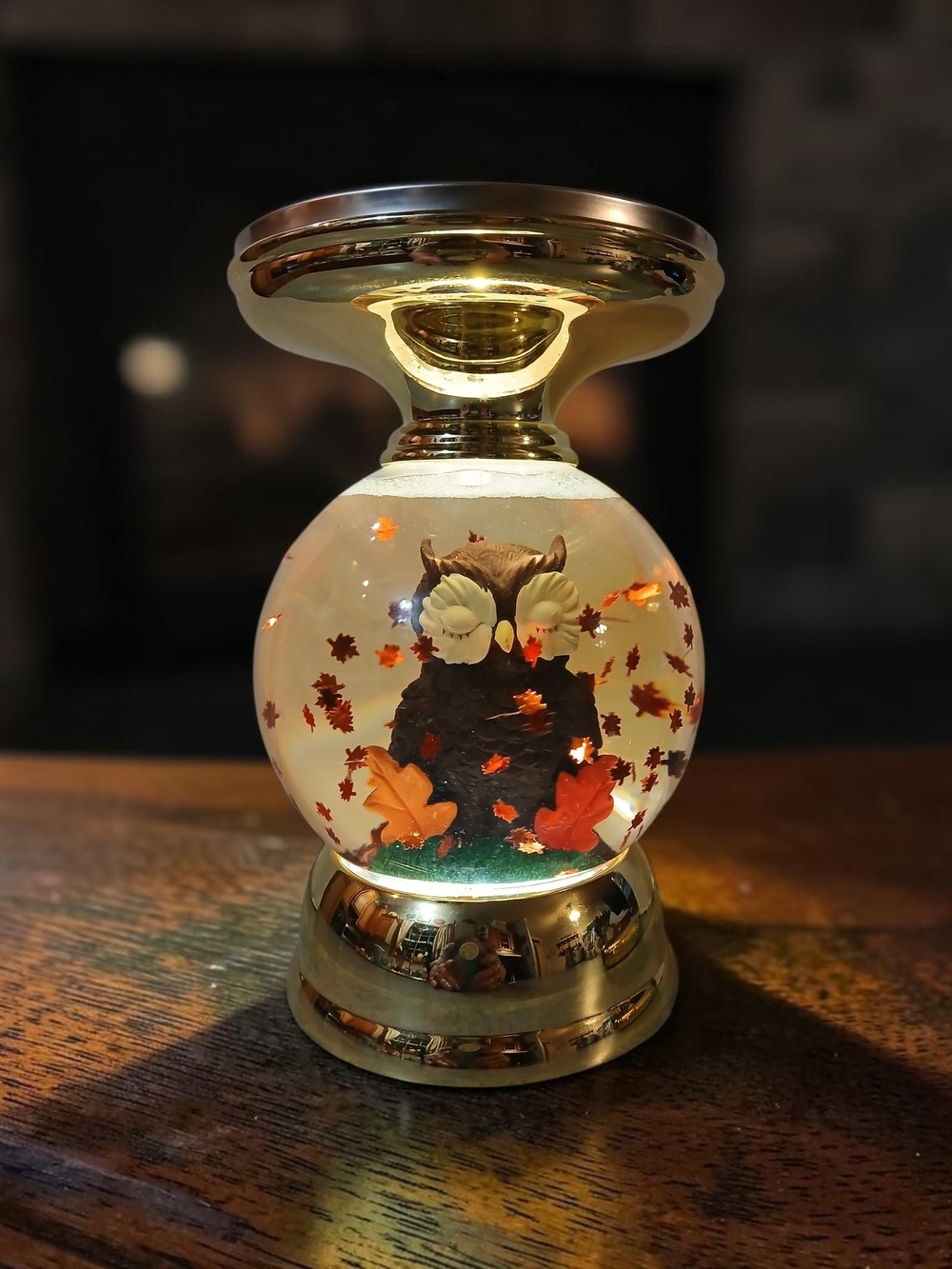 Gold Owl Snow Globe Decorative Candle Holder- Autumn Leaves